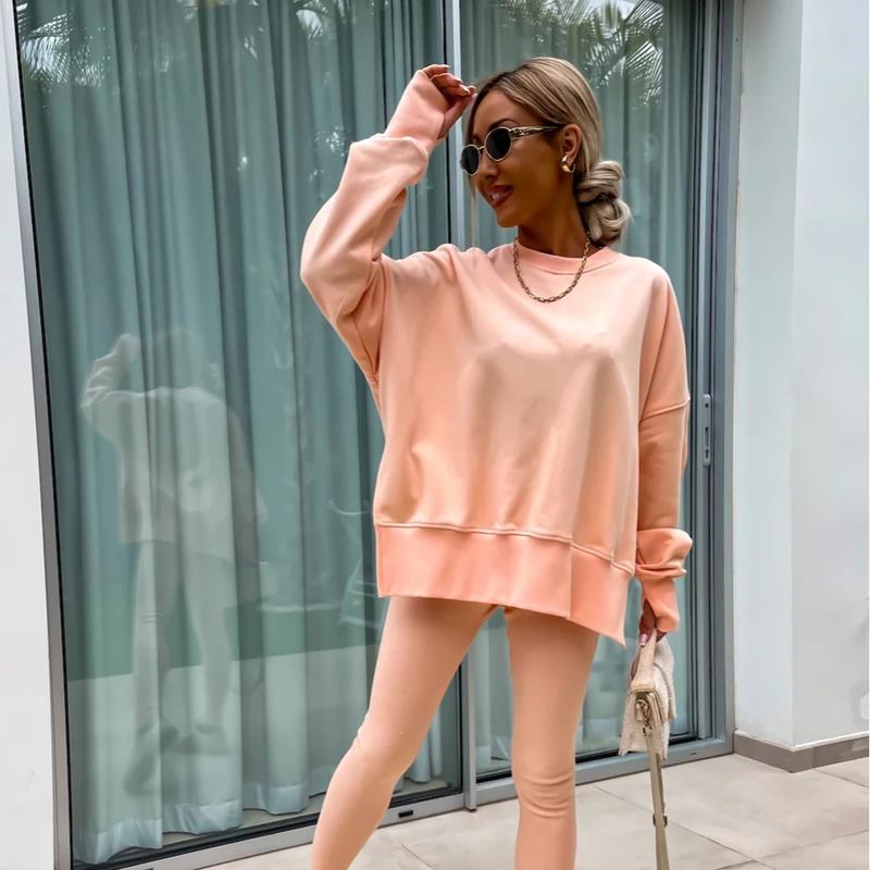 Oversize Two-Piece Set Women's  Split Hem Sweatshirt & Skinny Pants, Casual Fashion Cozy Round Neck Long Sleeve Pullover Women's Clothing for Fall & Basic Winter  Suits Womenswear Gamis