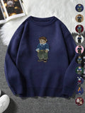 Unisex Cartoon Bear Print Crew Neck Sweater, Casual Loose Long Sleeve Jumper for Fall & Winter, Fashion Ladies' Knitwear for Daily Wear