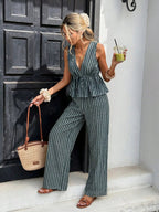 Women's Striped Two-Piece Set: Sleeveless Tie-Waist Top and Relaxed Long Pants — Vintage Bohemian Style, Commuter Outfit
