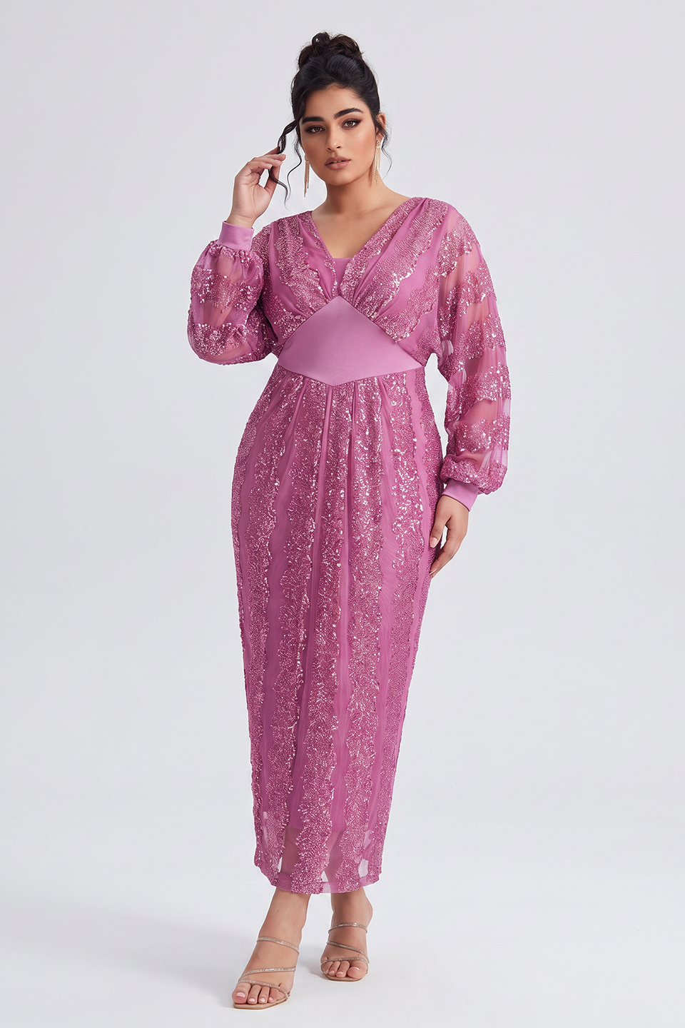 Curveins Plus Size V-Neck Sequin Balloon Sleeve Back-Slit Elegant Evening Maxi Dress