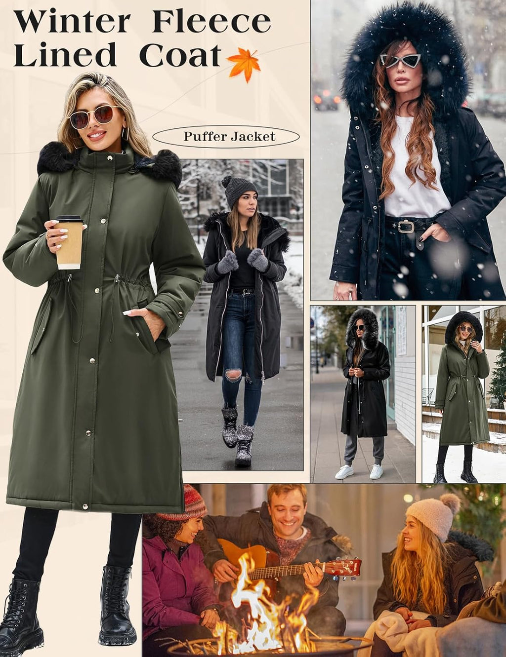 Women's Long Coats Winter Fleece Lined Warm Long Jackets for Women, Water Repellent Windproof Parka Coat Zip Up Button Drawstring Waist Overcoat with Pockets and Detachable Hood