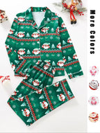 Two-piece Set Women's Christmas Print Button Front Pocket Shirt & Elastic Waist Pants Pyjama, Casual Comfy Long Sleeve Collared Top & Trousers Pyjama Set, Women's Sleepwear for Spring & Fall