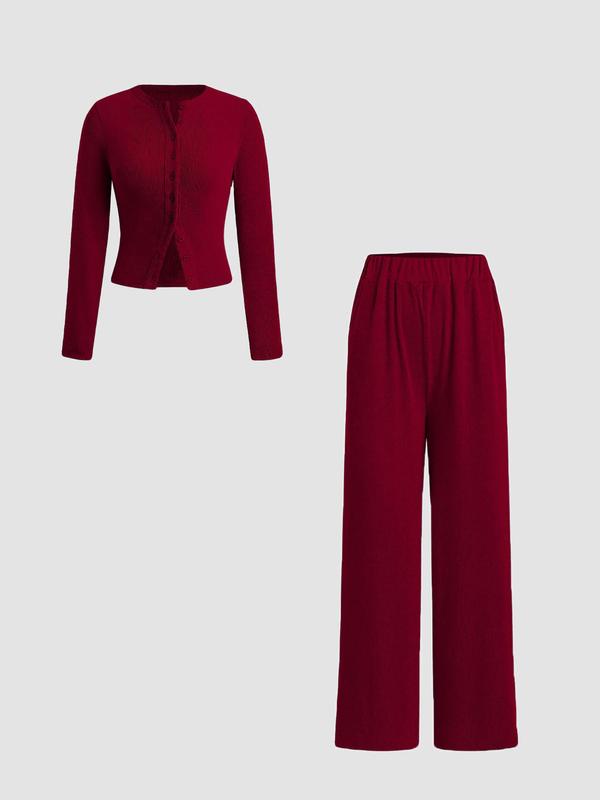 Women's Fall Winter Casual Slim-Fit Long Sleeve Round Neck Top & Pants Set, Plain Pattern Moderate Fabric, Two-Piece