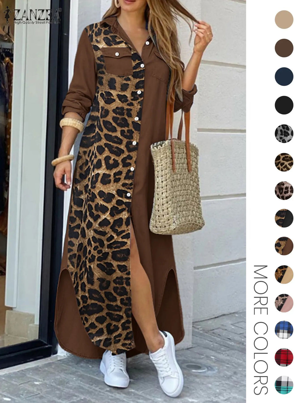 Women's Leopard Print Button Front Flap Pocket Shirt Fabric Dress, Casual Curved Hem Long Sleeve Collared Long Dress for Daily Wear, Ladies' Clothes for All Seasons, Womenswear