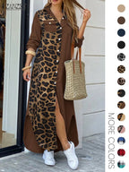 Women's Leopard Print Button Front Flap Pocket Shirt Fabric Dress, Casual Curved Hem Long Sleeve Collared Long Dress for Daily Wear, Ladies' Clothes for All Seasons, Womenswear