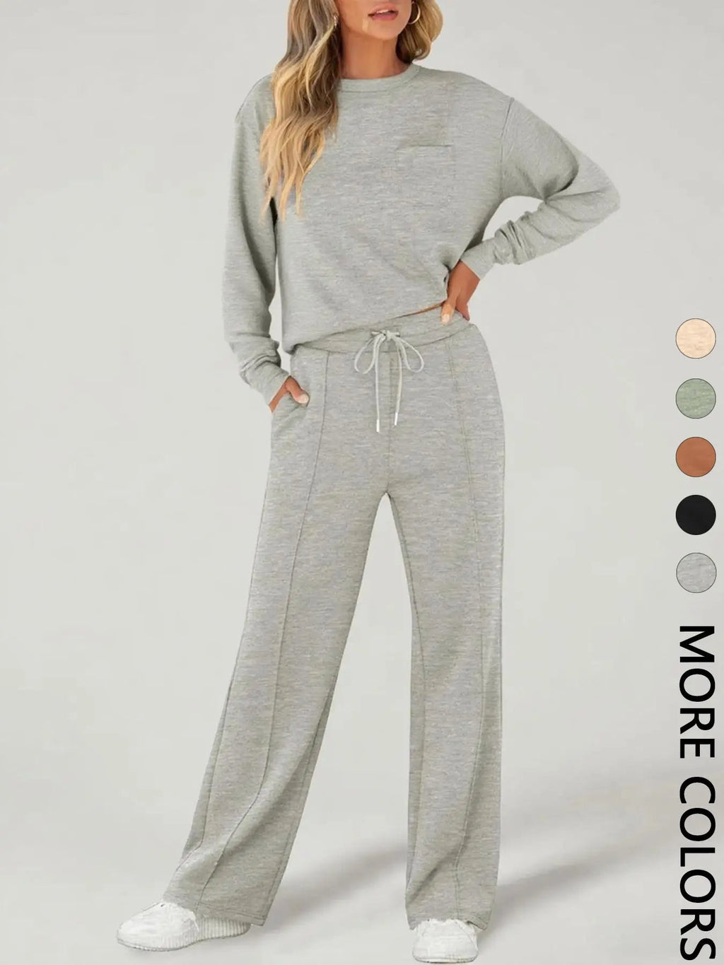 2 Piece Women's Casual Long Sleeve Pocket Sportswear Set, Stylish Wide Leg Athletic for All Seasons, Comfortable Fitted Fashion