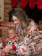 Family Christmas Pajamas All Over Reindeer Print Long-sleeve with Christmas Socks (SGS Certied Safety) Red+White