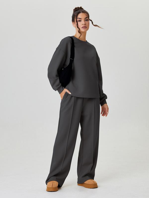 Women's Casual Solid Color Loose Long Sleeve Top & Exposed Stitches Trousers Co-ord