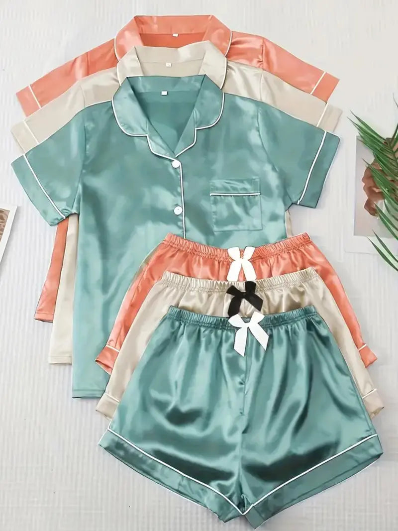 Women's Solid Contrast Binding Bow Decor Pajama Set, Short Sleeve Button Front Lapel Shirt & Shorts Pj Set, Ladies Summer Sleepwear & Loungewear