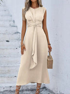 Women's Sleeveless Round Neck Plain Dress, Slimming Front Design, Waist Cinched A-Line, Perfect for Casual Commuting