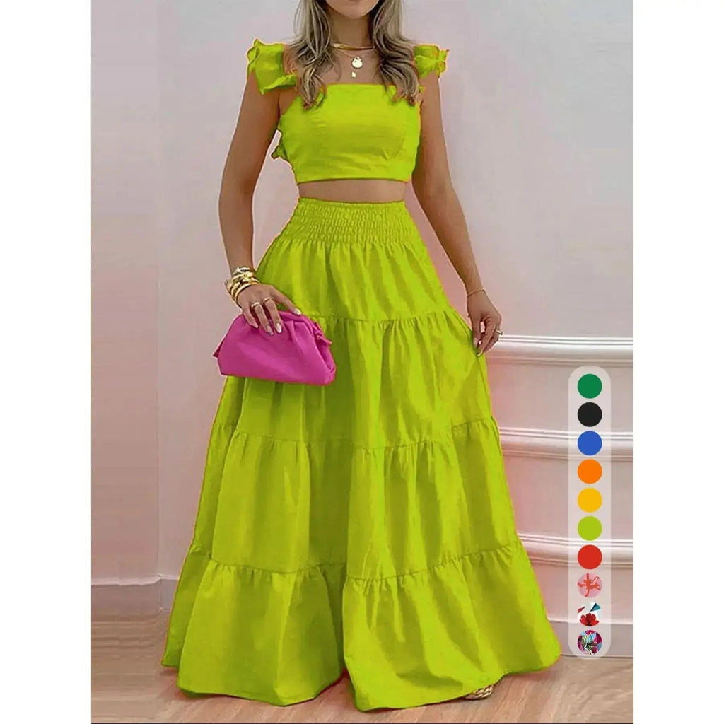 Women's Solid Color / Floral Print Shirred Top & Long Skirt Two-piece Set, Boho Fashion Casual Top & Skirt for Daily Holiday Vacation Wear, Ladies for Summer