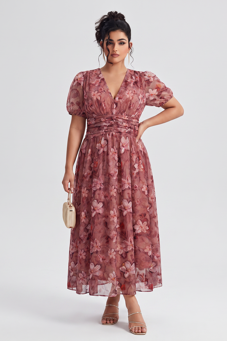 Curveins Plus Size V Neck Short Sleeve Floral Ruched Waist Flowy Elegant Maxi Dress