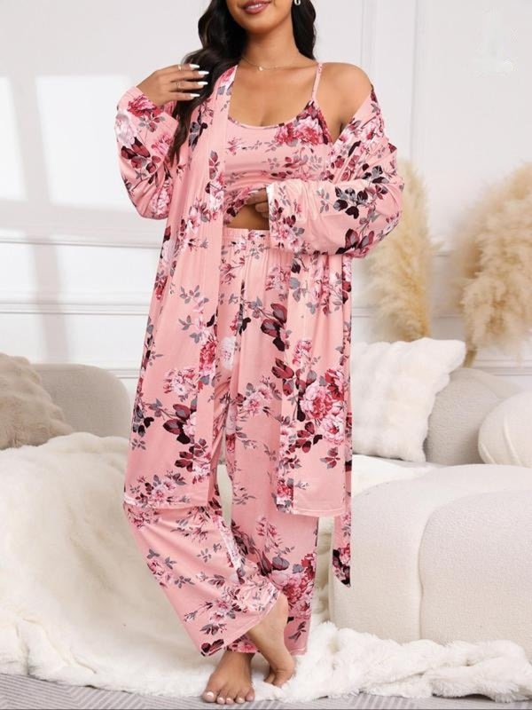 [Plus Size] Three-Piece Set Floral Print Belted Lounge Robe & Cami Top & Elastic Waist Pants Pyjama Set