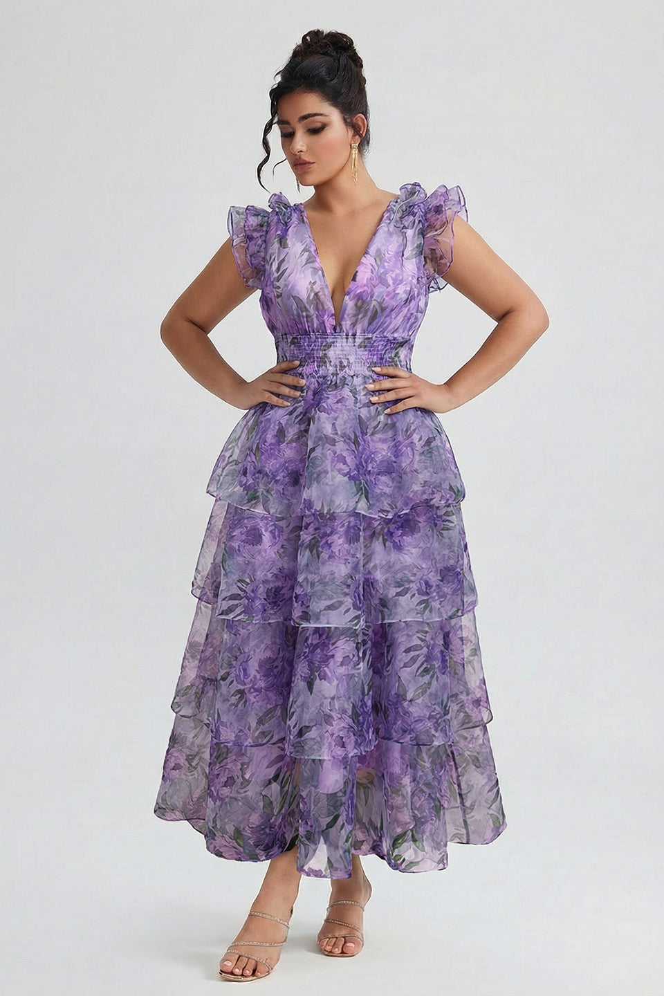 Curveins Plus Size V-Neck Sleeveless Floral Tiered Maxi Dress with Decorative Shoulder Detail