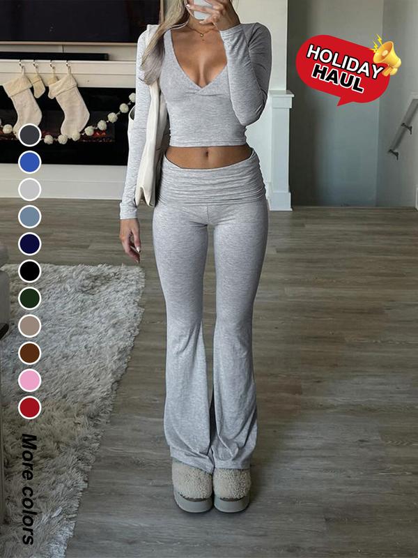 Elegant Casual V-Neck Long Sleeve Two-Piece Set, Slim-Fit Crop Top & Pants for Fall Winter, Moderate Fabric, Plain Color Design