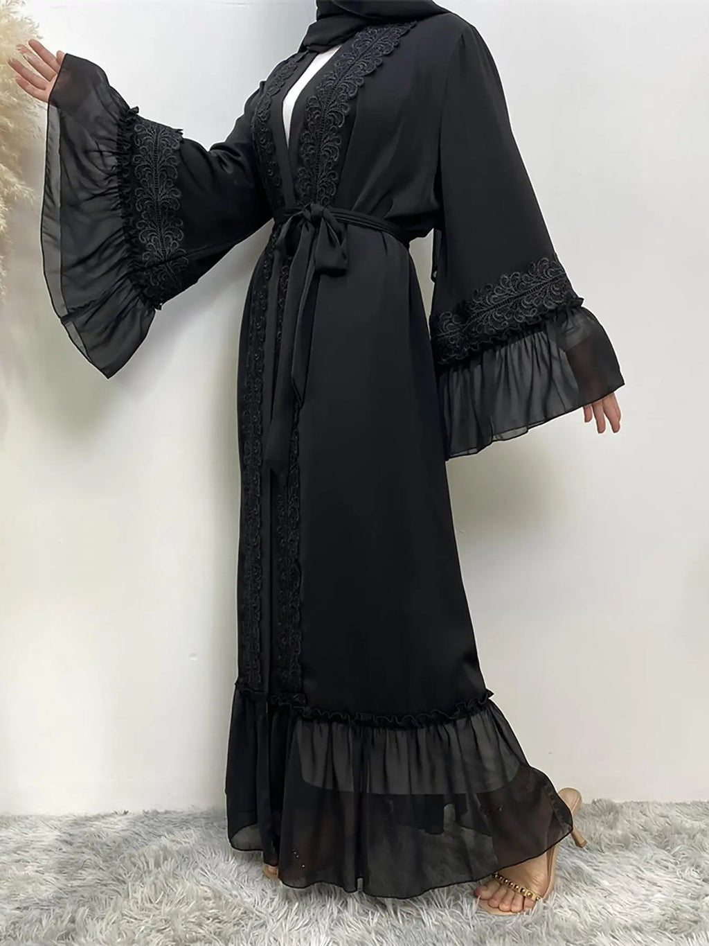 Arabic Clothing- Contrast Lace Belted Abaya without Hijabs, Summer Outfits, Arabic Fashion Long Sleeve Flounce Sleeve Dress, Modest Abaya Clothing for Women, Islamic Abaya