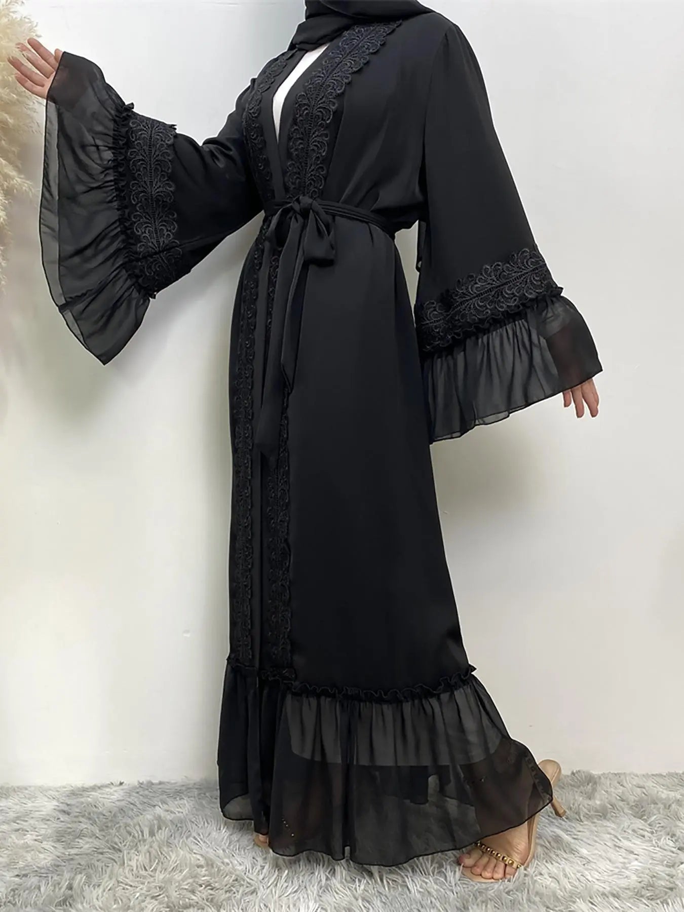 Arabic Clothing- Contrast Lace Belted Abaya without Hijabs, Summer Outfits, Arabic Fashion Long Sleeve Flounce Sleeve Dress, Modest Abaya Clothing for Women, Islamic Abaya