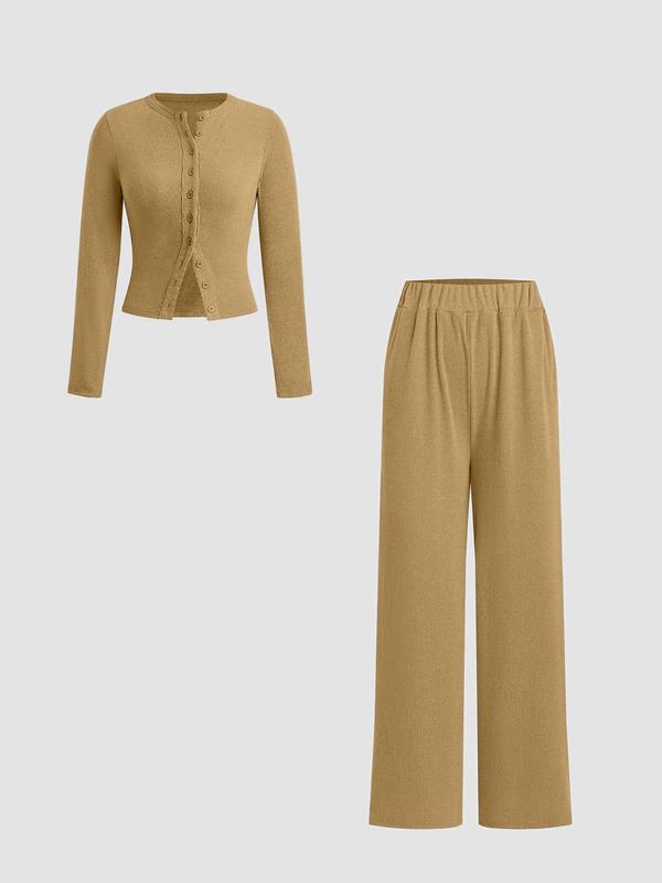 Women's Fall Winter Casual Slim-Fit Long Sleeve Round Neck Top & Pants Set, Plain Pattern Moderate Fabric, Two-Piece