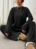 Women's Solid Drop Shoulder Split Hem Sweater & Elastic Waist Straight Leg Pants Two-piece Set, Casual Fashion Cozy Knitwear Set for Daily Outdoor Wear, Women Knitwear for Fall & Winter, Womenswear