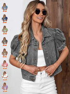 Women's Vintage Bubble Sleeve Light Wash Denim Jacket, Summer Lightweight Thin High Waist Crop Top, Casual Fashionable Fit Short Cropped Jean Coat for Women