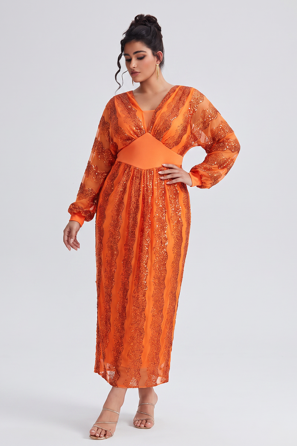 Curveins Plus Size V-Neck Sequin Balloon Sleeve Back-Slit Elegant Evening Maxi Dress