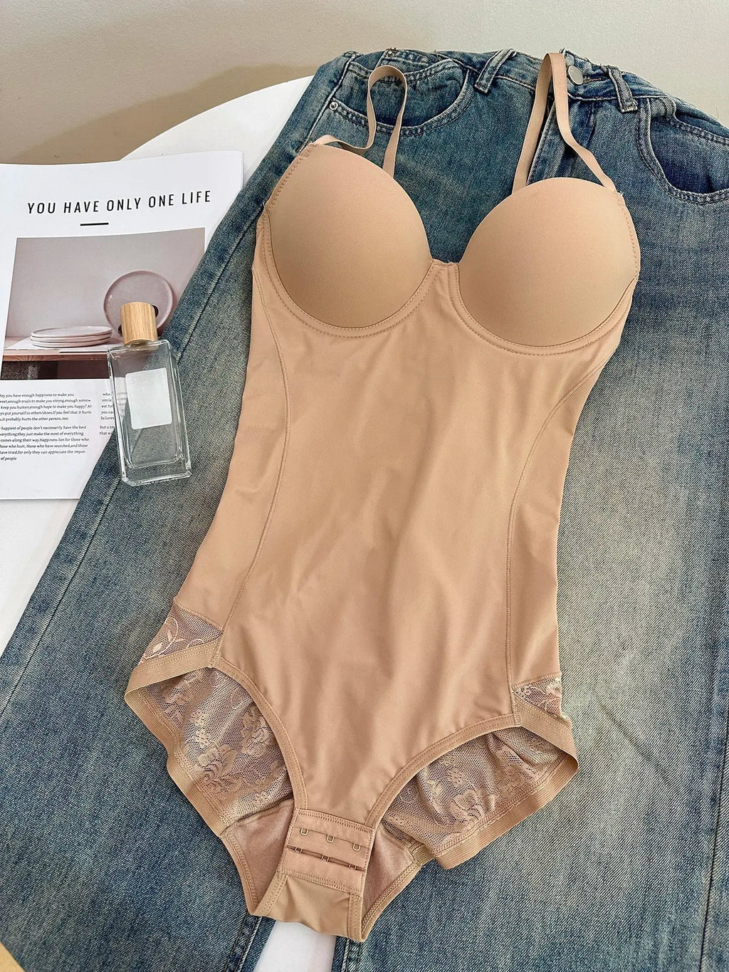 Women's Deep V Patchwork Ruched Slimming Bodysuit Set XS-Xxl, Casual All Season Underwear & Lingerie, Contrast Lace Design