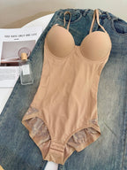 Women's Deep V Patchwork Ruched Slimming Bodysuit Set XS-Xxl, Casual All Season Underwear & Lingerie, Contrast Lace Design