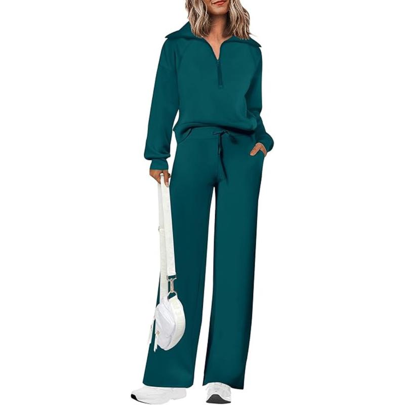 Women's Casual 2-Piece Sweatsuit Set - Half Zip Pullover Sweatshirt & Wide Leg Pants with Drawstring - Matching Tops & Sweatpants for Comfort