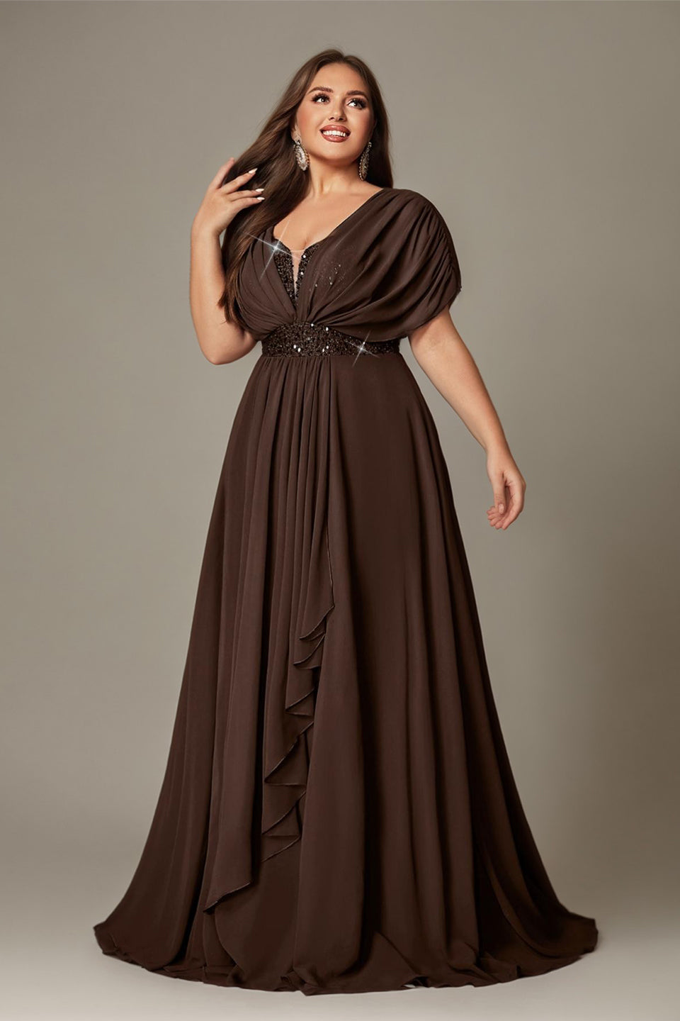 Curveins Plus Size V-Neck Short Sleeve Asymmetrical A-Line Maxi Dress