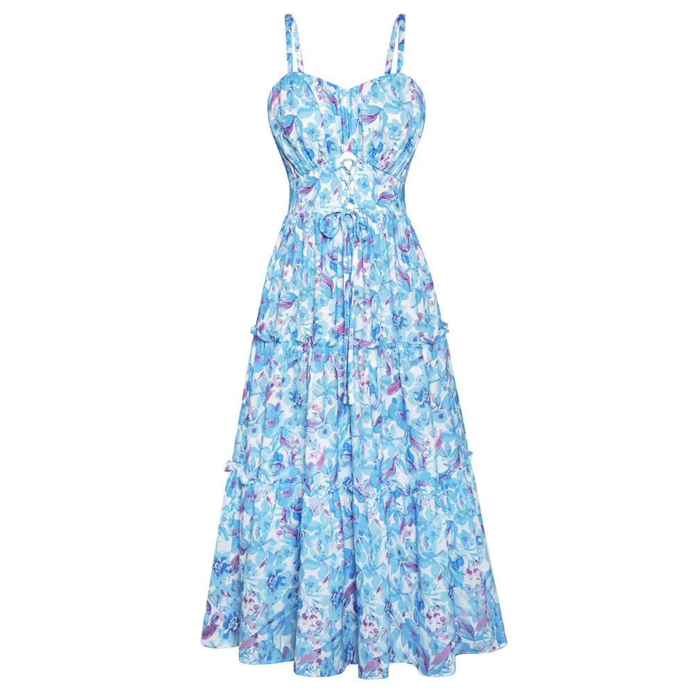 Women's Casual Bohemian Floral Maxi Sundress - Summer Spaghetti Strap Smocked Tiered Beach Dress with Pockets, Plus Size, Boho Clothes for Women