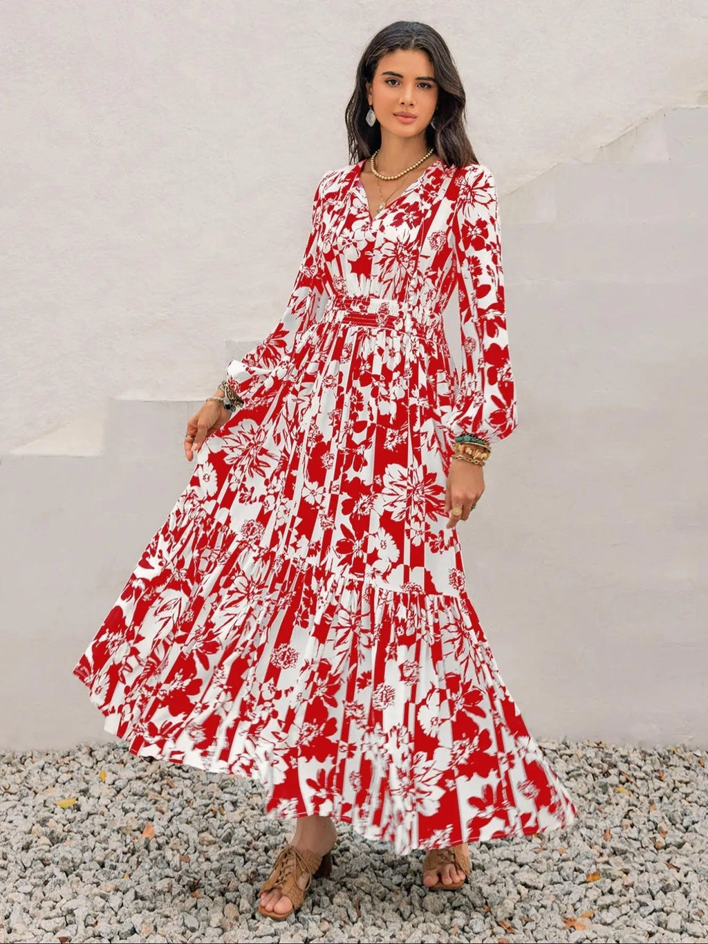 Women's Boho Floral Print Lantern Sleeve Dress, Fitted Waist Tie Design, Loose Fit Comfortable Casual Long Sleeve Dress for Fall Winter