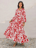 Women's Boho Floral Print Lantern Sleeve Dress, Fitted Waist Tie Design, Loose Fit Comfortable Casual Long Sleeve Dress for Fall Winter