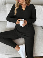 2pcs/Set Women's Casual  Plush Rib-Knit Long Sleeve T-Shirt And Leggings Suit, Autumn/Winter