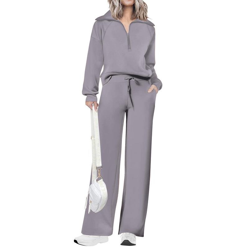 Women's Casual 2-Piece Sweatsuit Set - Half Zip Pullover Sweatshirt & Wide Leg Pants with Drawstring - Matching Tops & Sweatpants for Comfort