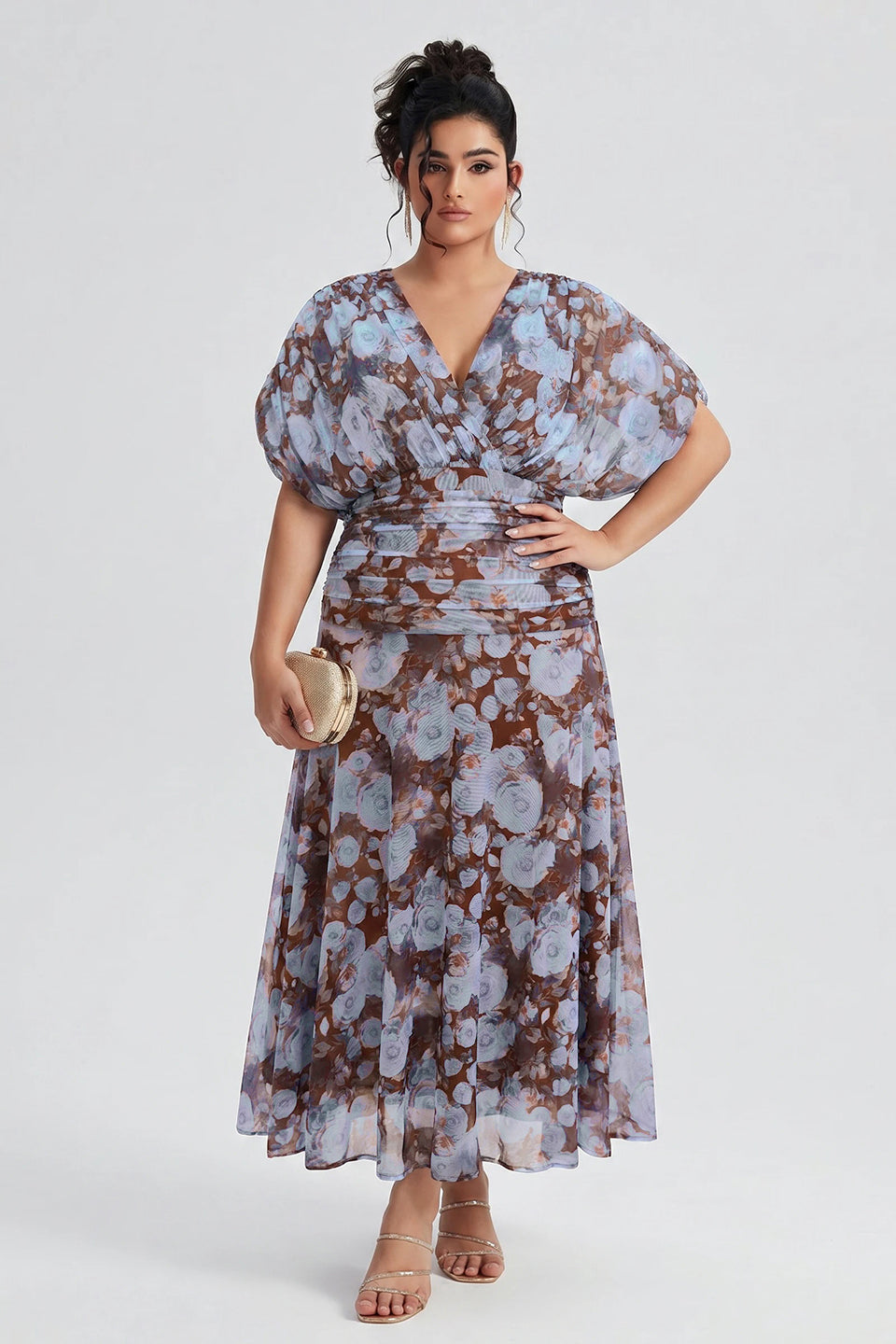 Curveins Plus Size V Neck Puff Sleeve Waist Defining Floral Print Elegant Maxi Dress