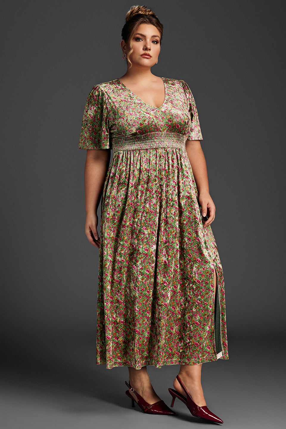 Curveins Plus Size Mauve Velvet Floral Maxi Dress