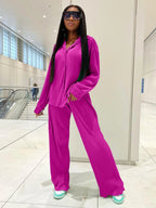 Women's Solid Button Front Shirt & Elastic Waist Pants Two-piece Set