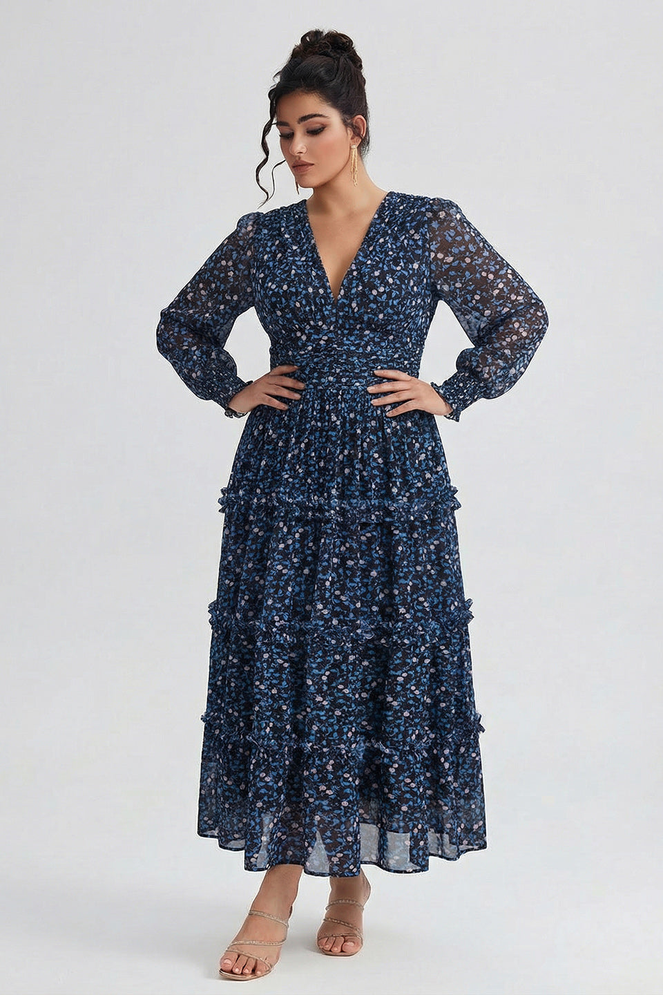 Curveins Plus Size V Neck Long Sleeve Floral Tiered Maxi Dress