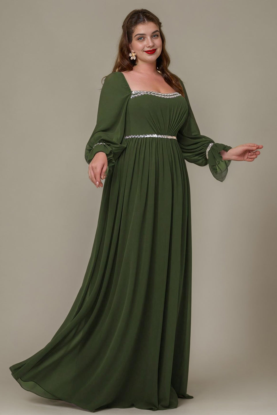 Curveins Plus Size Square Neck Long Sleeve Maxi Dress with Ruched Waist