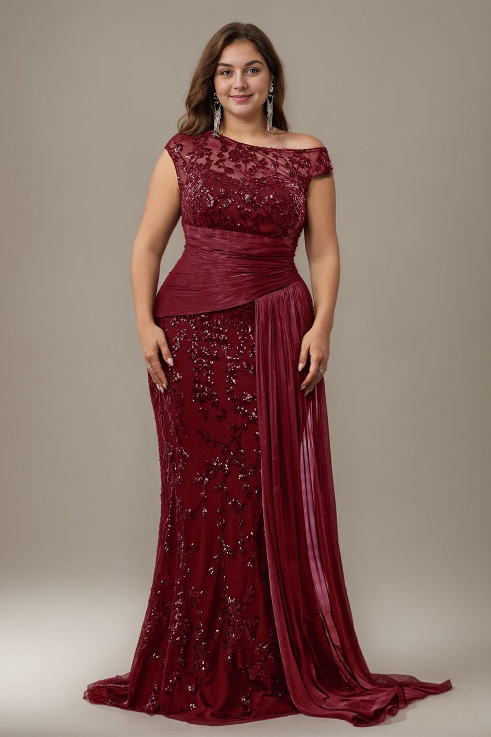 Curveins Plus Size One Shoulder Sleeveless Embroidered Sequin Patchwork Bodycon Maxi Dress