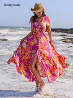 Women's Floral Print Button Front Shirred Bohemian Casual Wear Dress, Boho Pocket V Neck Short Sleeve A Line Dress, Women's Dress for Summer Beach Holiday Vacation, Casual Boho Chic