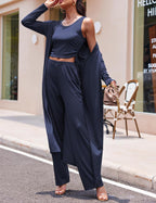 Women's 3 Piece Lounge Set Pajama Long Sleeve Cardigan Sleeveless Top Pants Sweatsuit