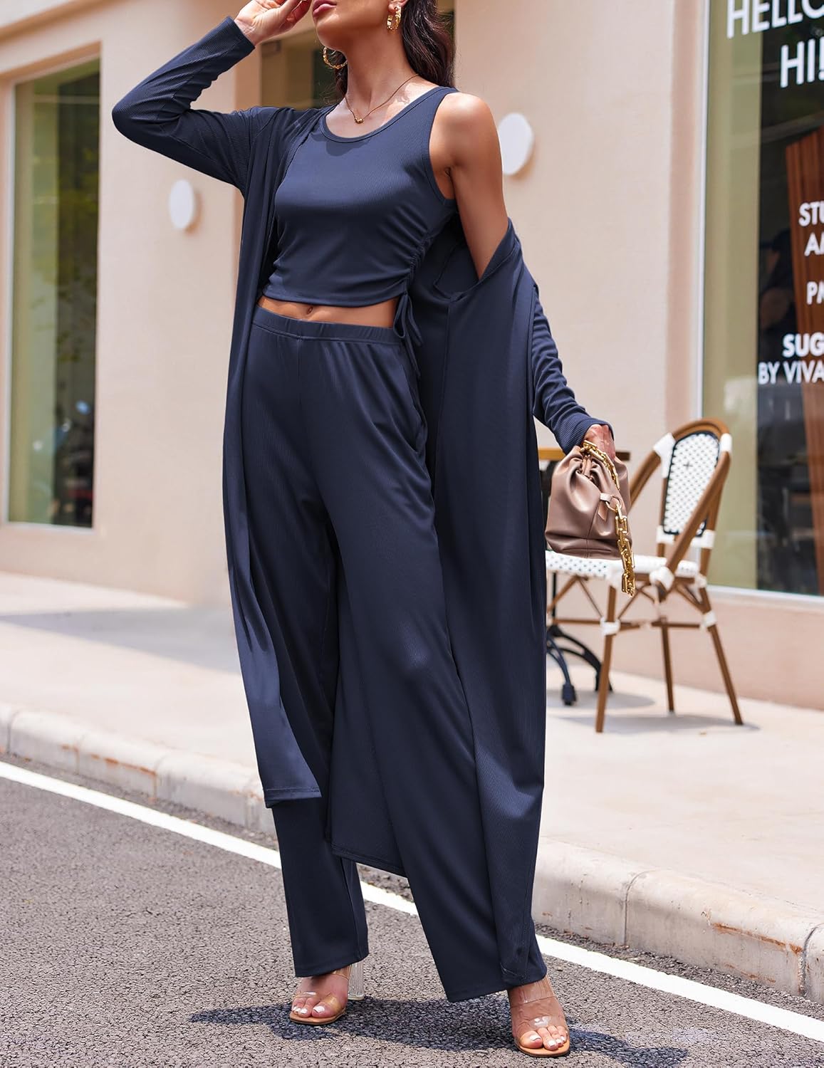 Women's 3 Piece Lounge Set Pajama Long Sleeve Cardigan Sleeveless Top Pants Sweatsuit