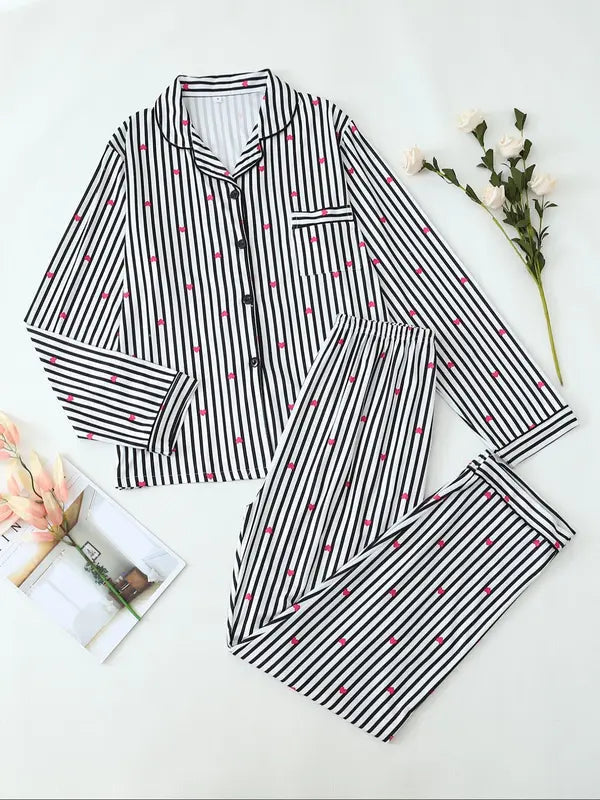 Two-Piece Set Women's All Over Bow Print Button Front Shirt & Pants Pyjama, Casual Comfy Long Sleeve Lapel Neck Top & Trousers PJ Set, Women's Sleepwear for Spring & Fall