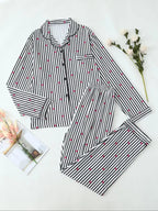 Two-Piece Set Women's All Over Bow Print Button Front Shirt & Pants Pyjama, Casual Comfy Long Sleeve Lapel Neck Top & Trousers PJ Set, Women's Sleepwear for Spring & Fall
