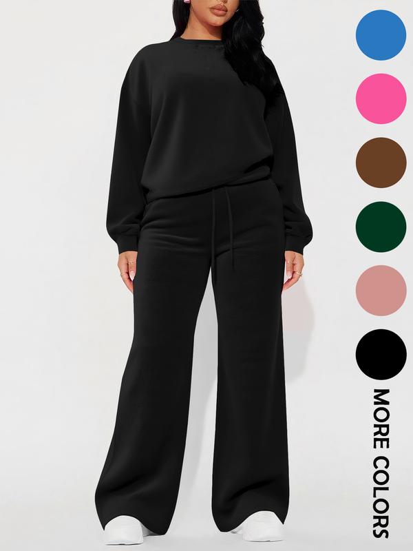 Women's Casual Fashion Long Sleeve Top & High Waist Straight Leg Pants Set, Autumn Winter, Comfortable and Stylish Clothing, Womenswear