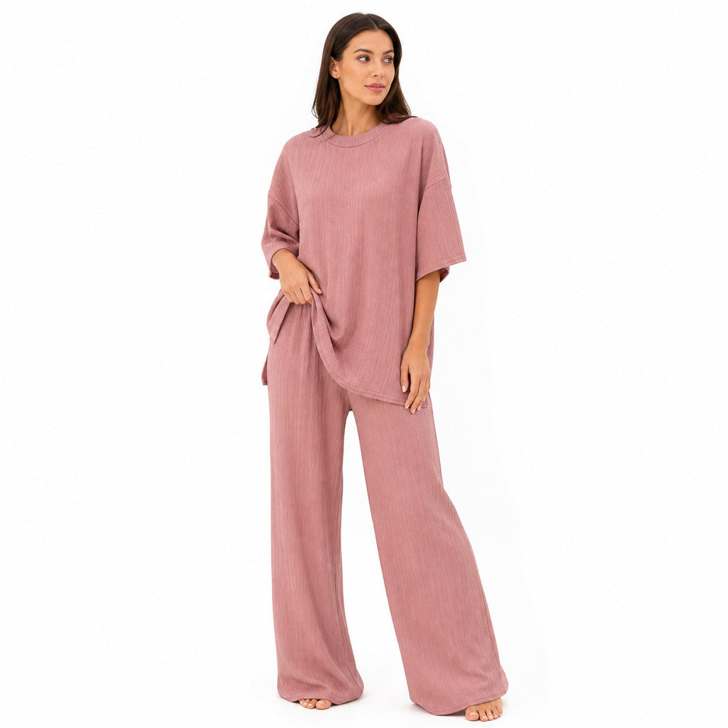 Ensemble Femme Chic Texturé – T-shirt & Pantalon Fluide
