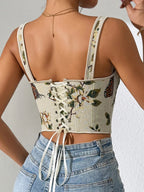 Women's Floral Print Adjustable Lace Up Corset Structure Shapewear Tank Top, Fashionable Bow Decor Shapewear Top for Daily Wear, Tummy Control Shaper for Women