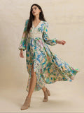 Women's Leaf Print Contrast Lace Button Front Split Thigh Dress, Elegant Bishop Sleeve V Neck Ruffle Hem Long Dress for Holiday Vacation, Ladies Fall & Winter Clothes