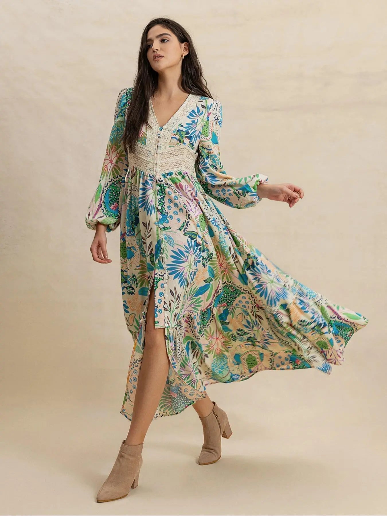 Women's Leaf Print Contrast Lace Button Front Split Thigh Dress, Elegant Bishop Sleeve V Neck Ruffle Hem Long Dress for Holiday Vacation, Ladies Fall & Winter Clothes